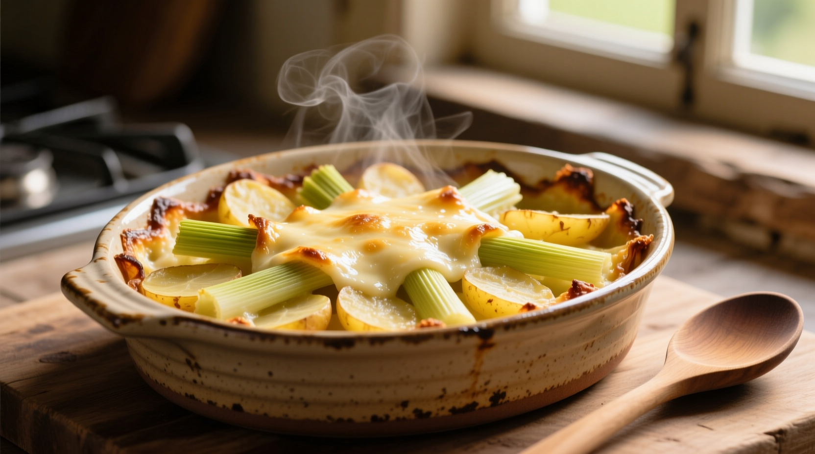 Golden leek and potato gratin in ceramic dish