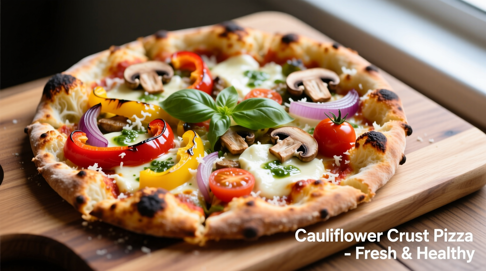 Cauliflower pizza crust with vegetable toppings