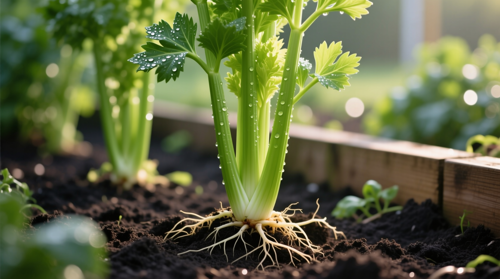 Healthy celery plants growing in garden soil