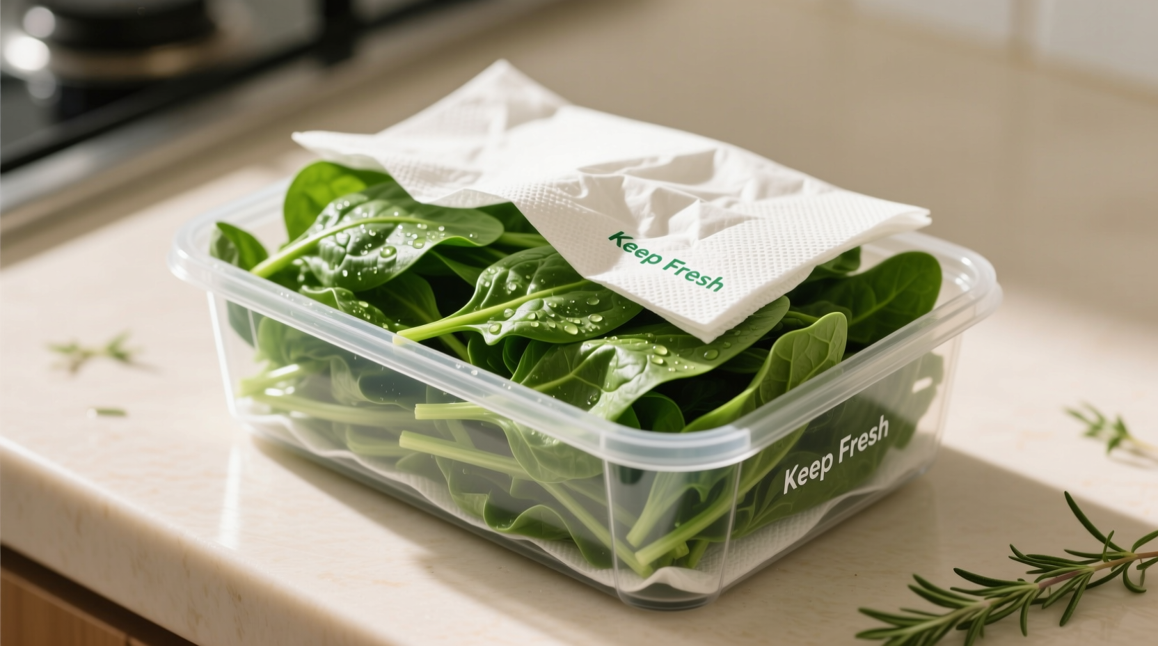 Spinach stored in container with paper towels
