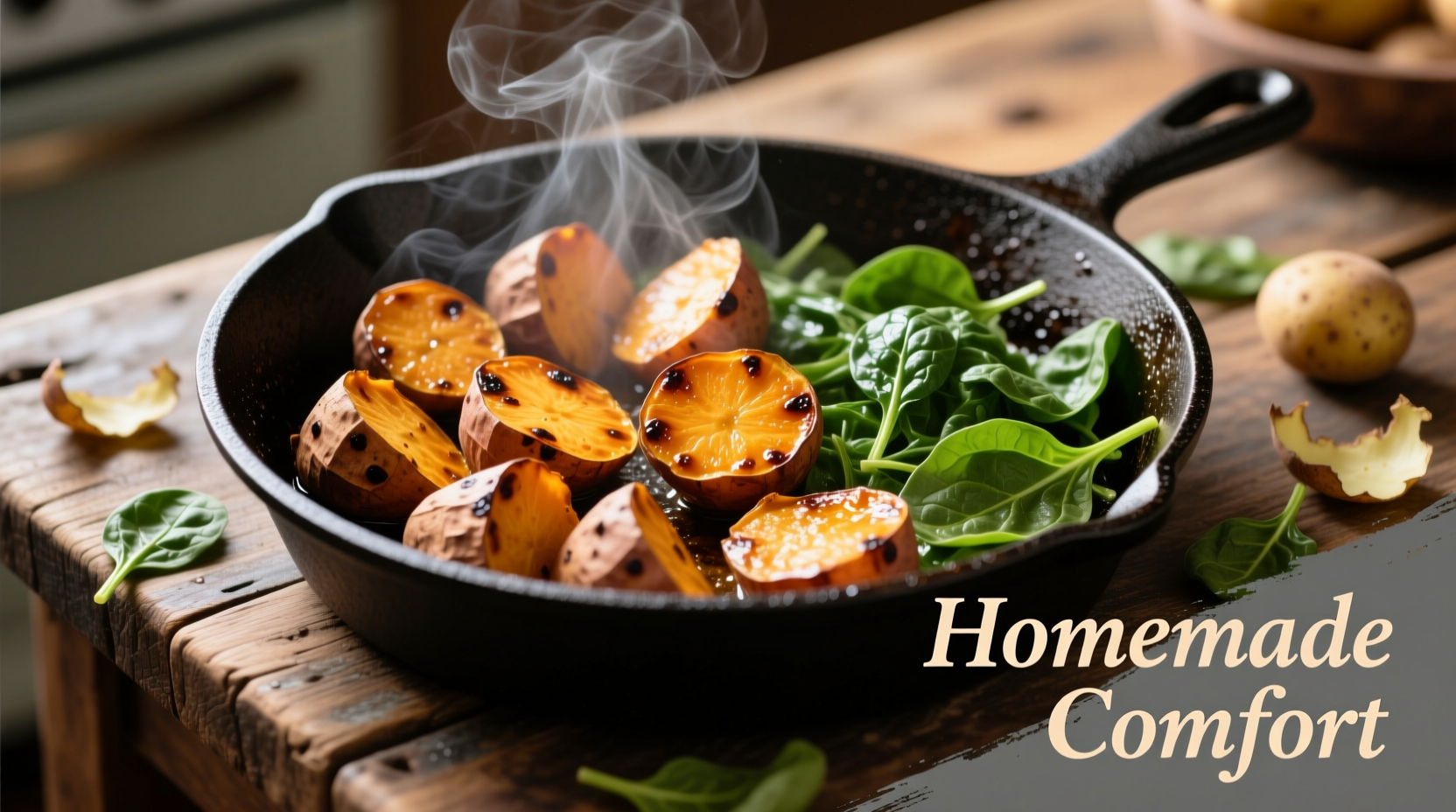 Roasted sweet potatoes and fresh spinach in cast iron skillet