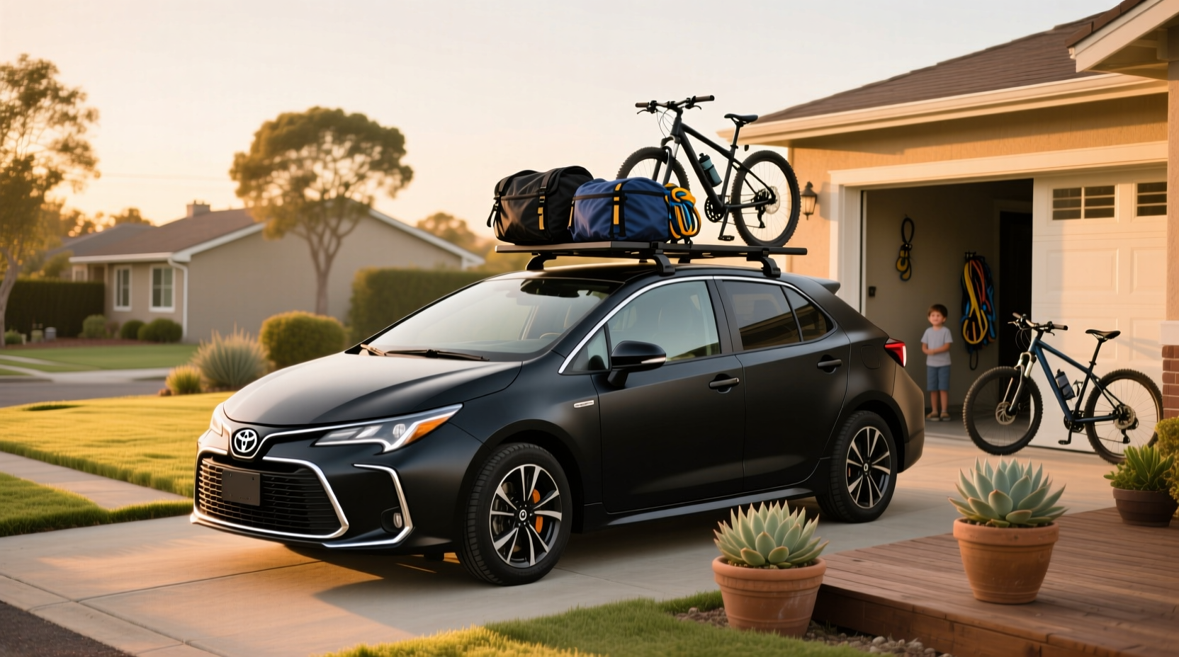 Close-up of roof rack crossbars mounted on Toyota Corolla hatchback