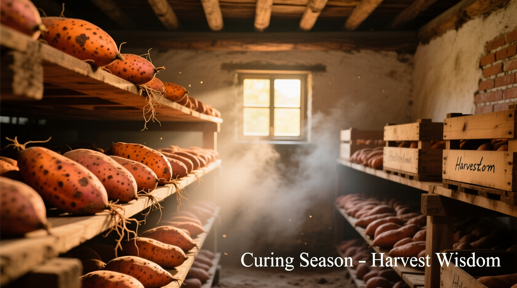 Sweet potatoes curing on wooden racks in warm, humid environment