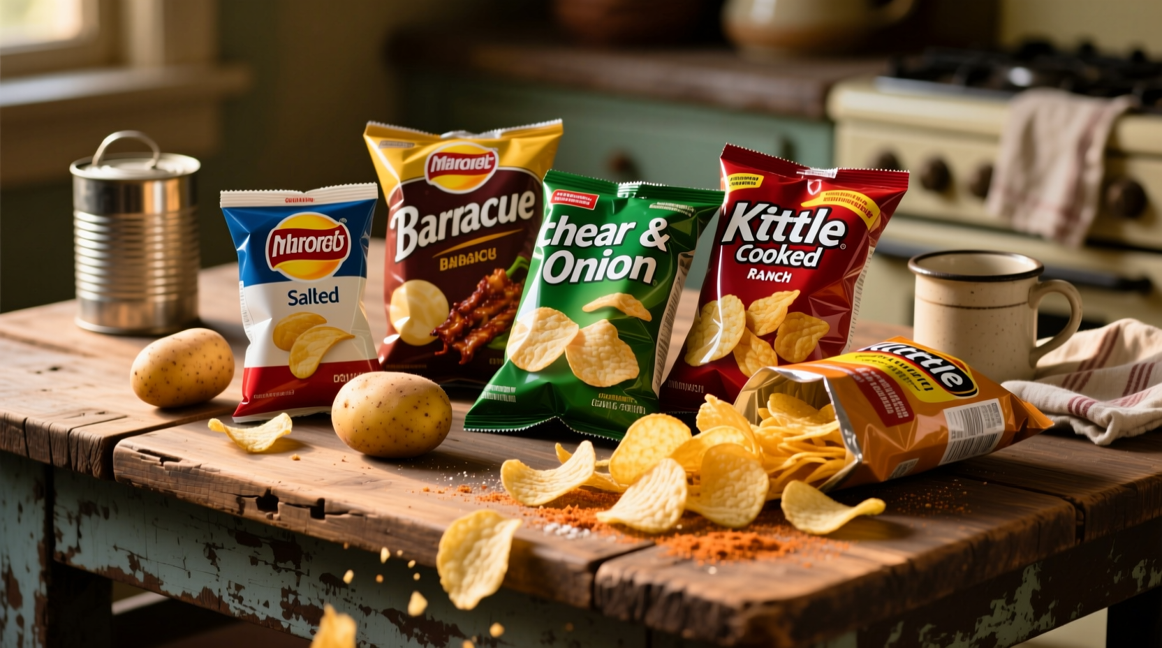 Various potato chip types arranged on wooden table