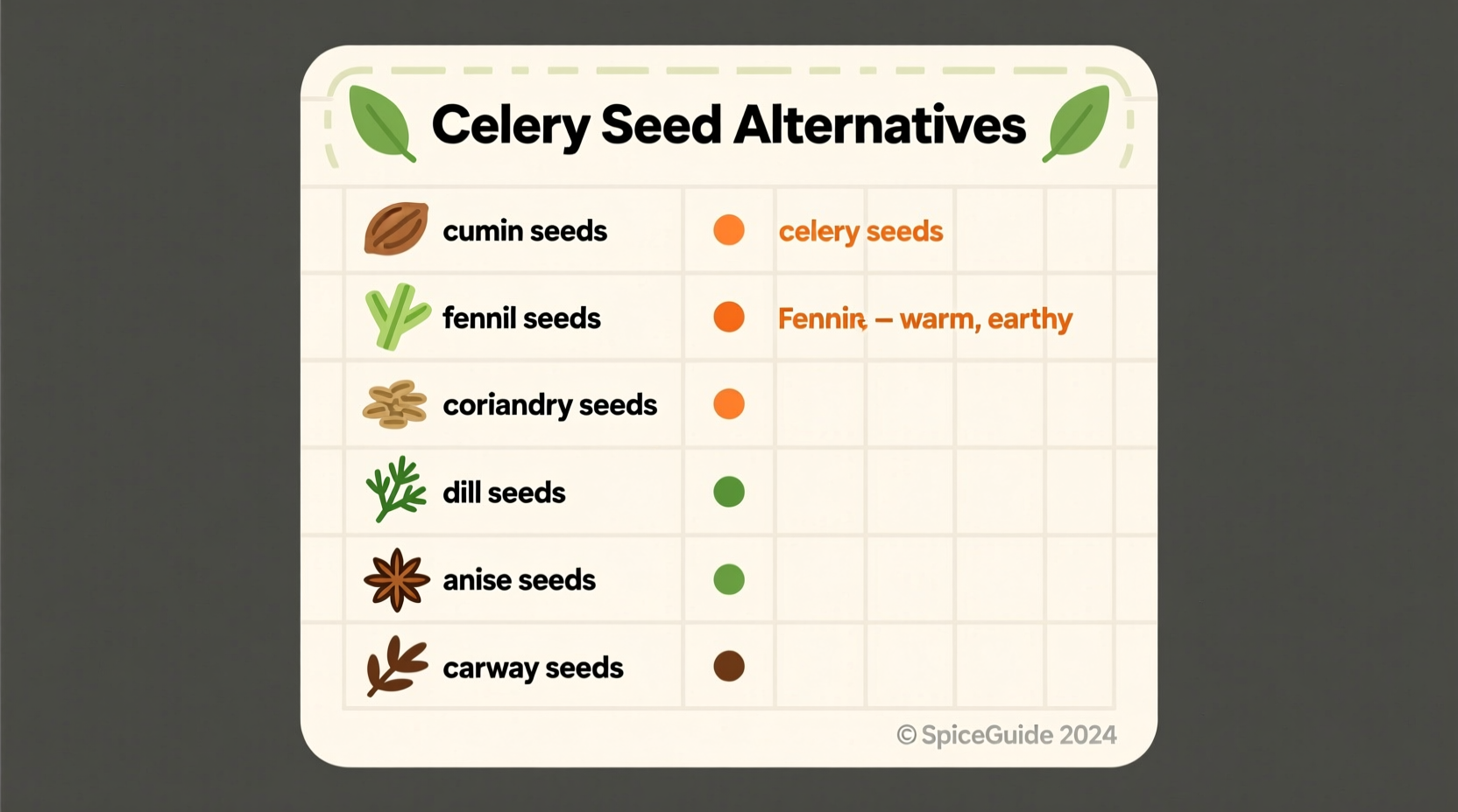 Spice comparison chart showing celery seeds alternatives