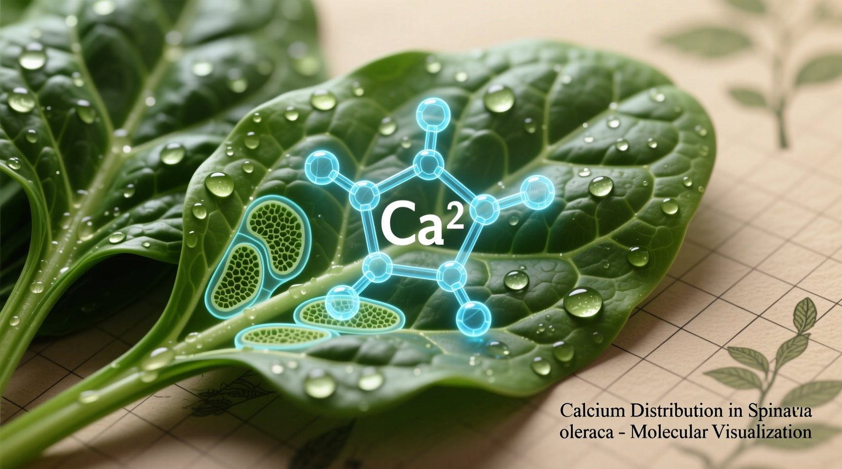 Spinach leaves with calcium molecular structure