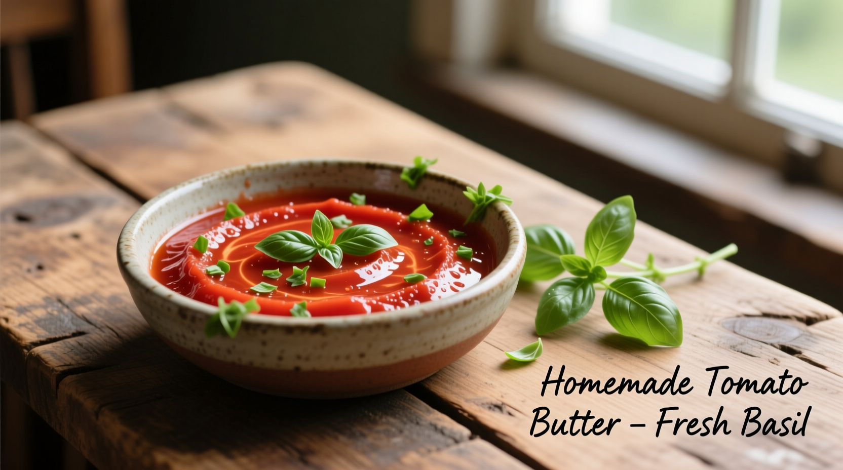 Homemade tomato butter in a ceramic bowl with fresh basil