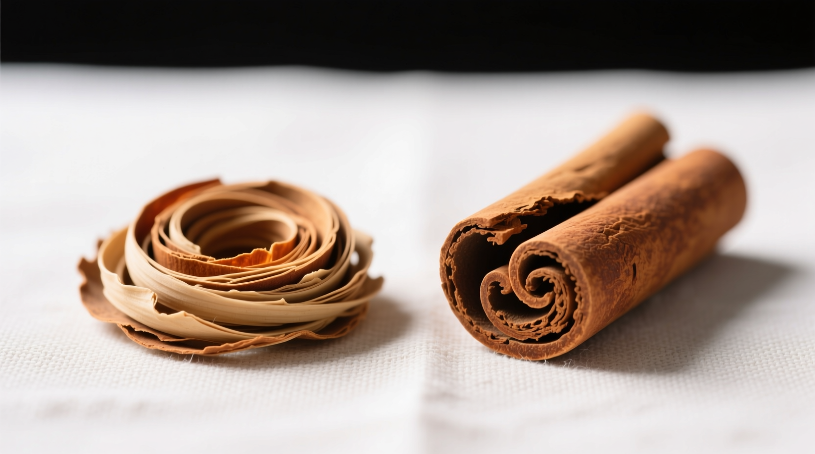 Side-by-side comparison of Ceylon cinnamon quills (delicate, layered) vs cassia (thick, single roll)