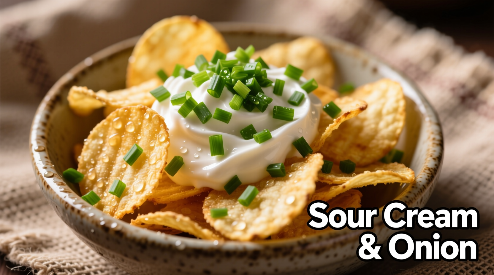 Close-up of sour cream and onion ruffles in a bowl with fresh chives
