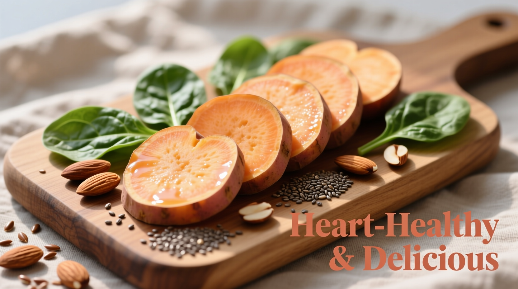 Sweet potato slices on cutting board with heart-healthy ingredients