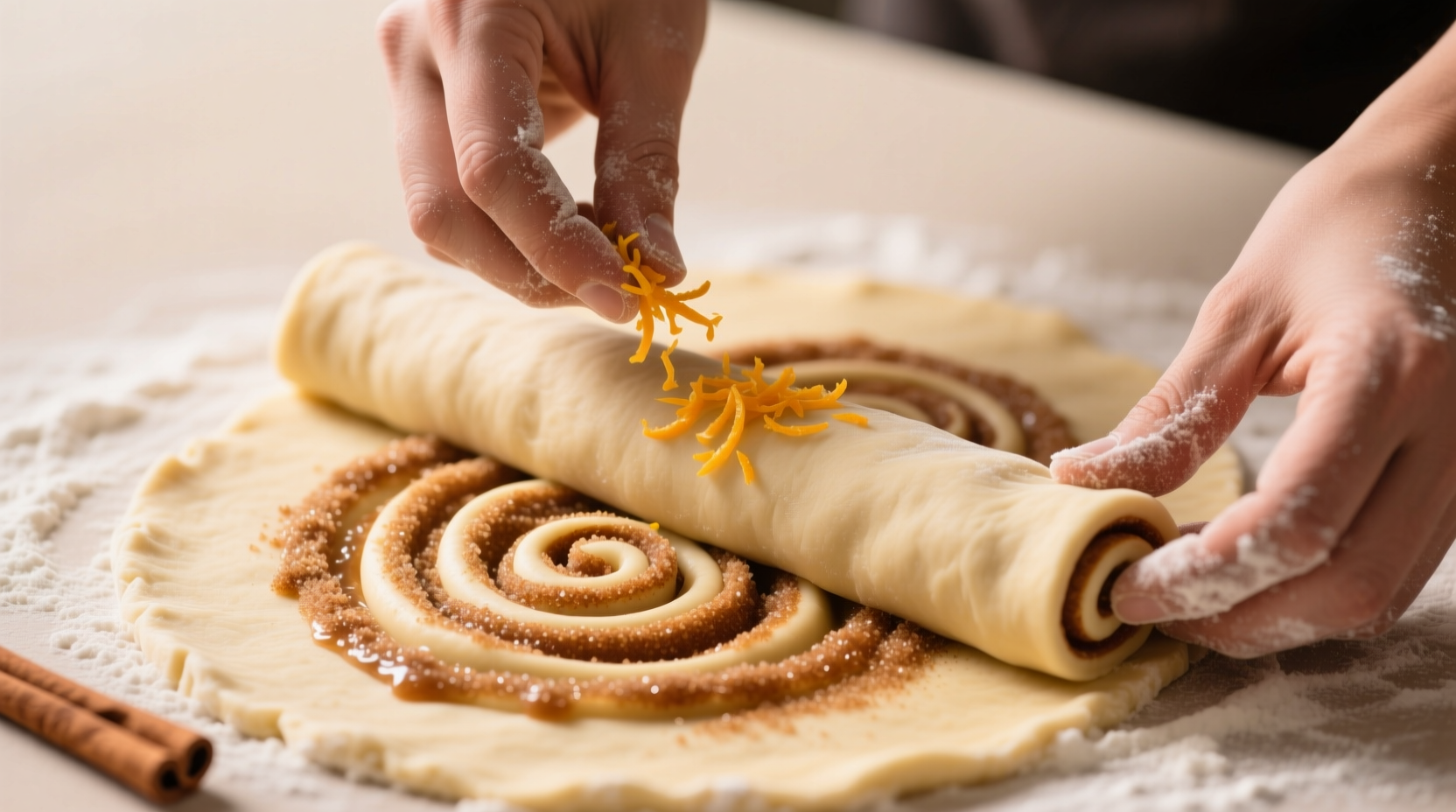 Hands sprinkling orange zest over cinnamon-sugar mixture on rolled dough