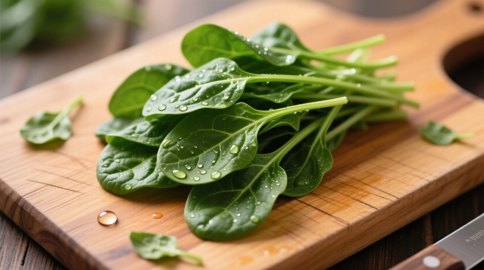 Raw spinach leaves on wooden cutting board