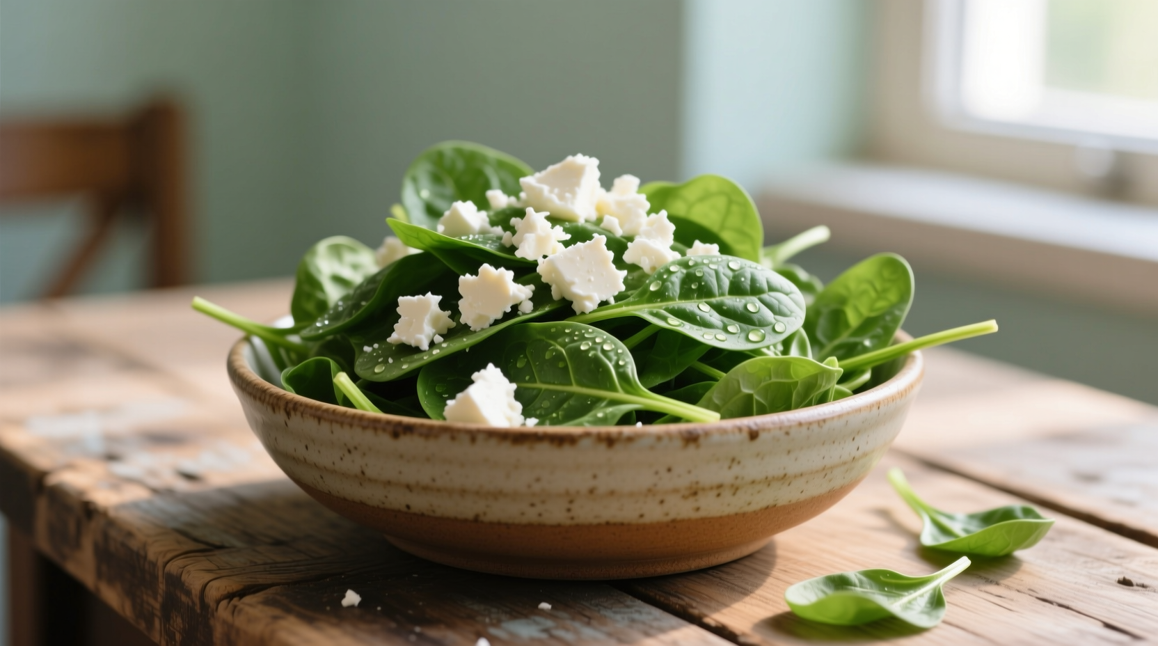 Fresh spinach and crumbled feta in ceramic bowl
