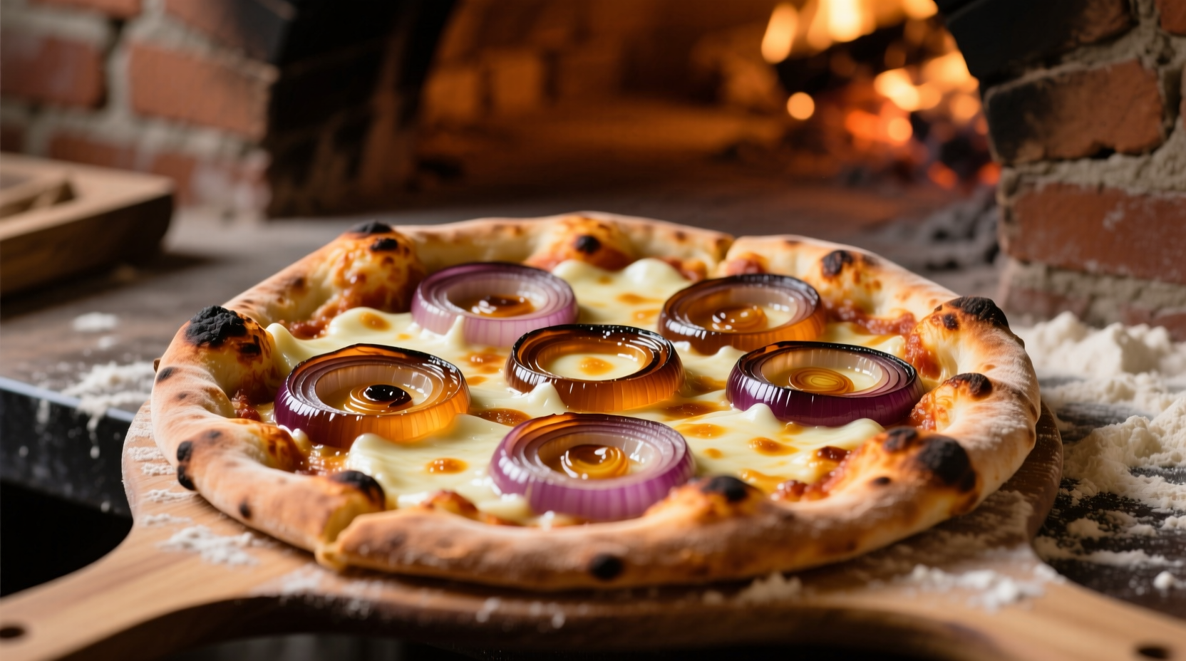 Caramelized onions on artisan pizza with melted cheese