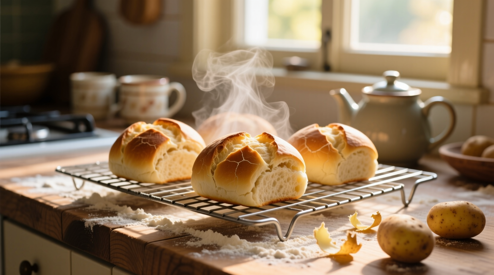 Homemade potato buns cooling on wire rack