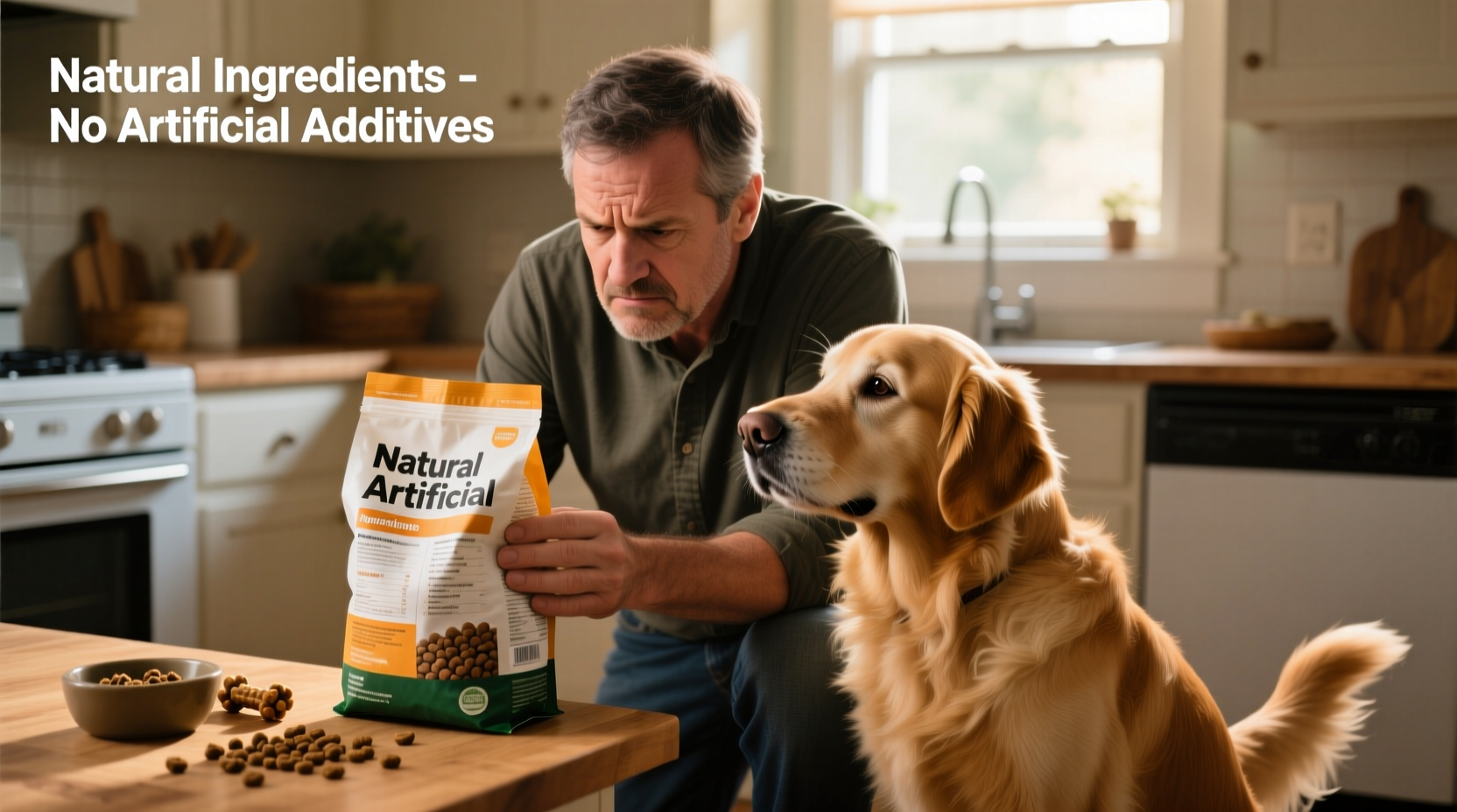 Dog owner checking food ingredients with concerned expression