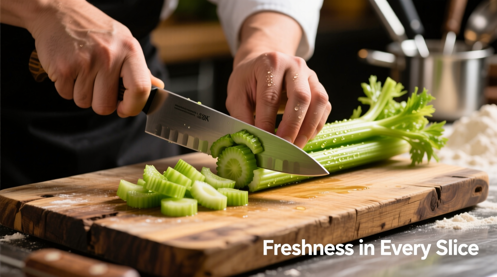 Chef's hands dicing fresh celery stalks on cutting board