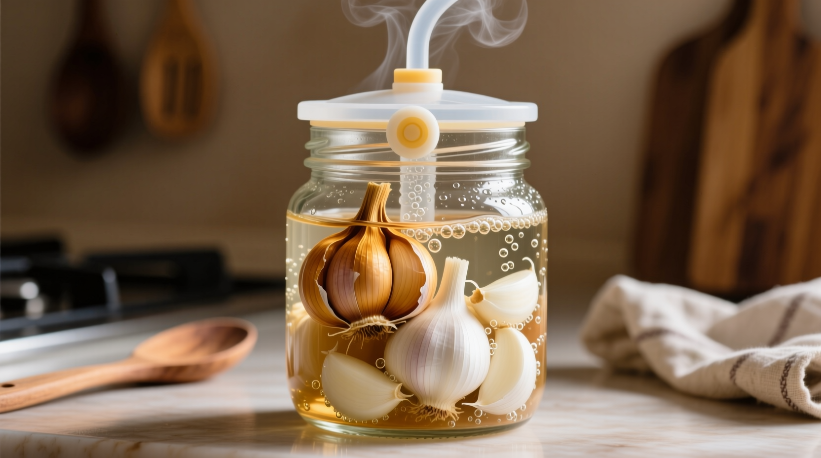Fermenting garlic in glass jar with airlock