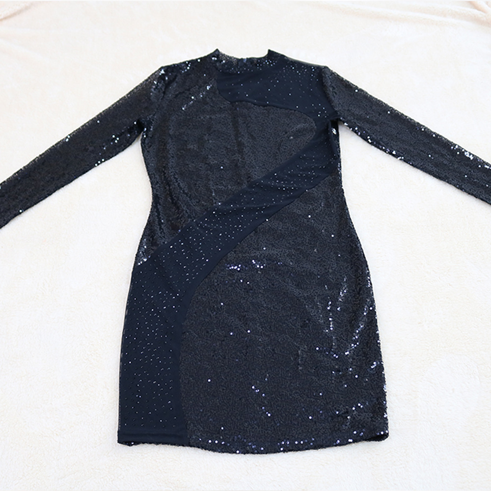 Fashion sequins nightclub party dress perspective gauze dress women Long Sleeve Bodycon Midi Skirt Sequin dresses