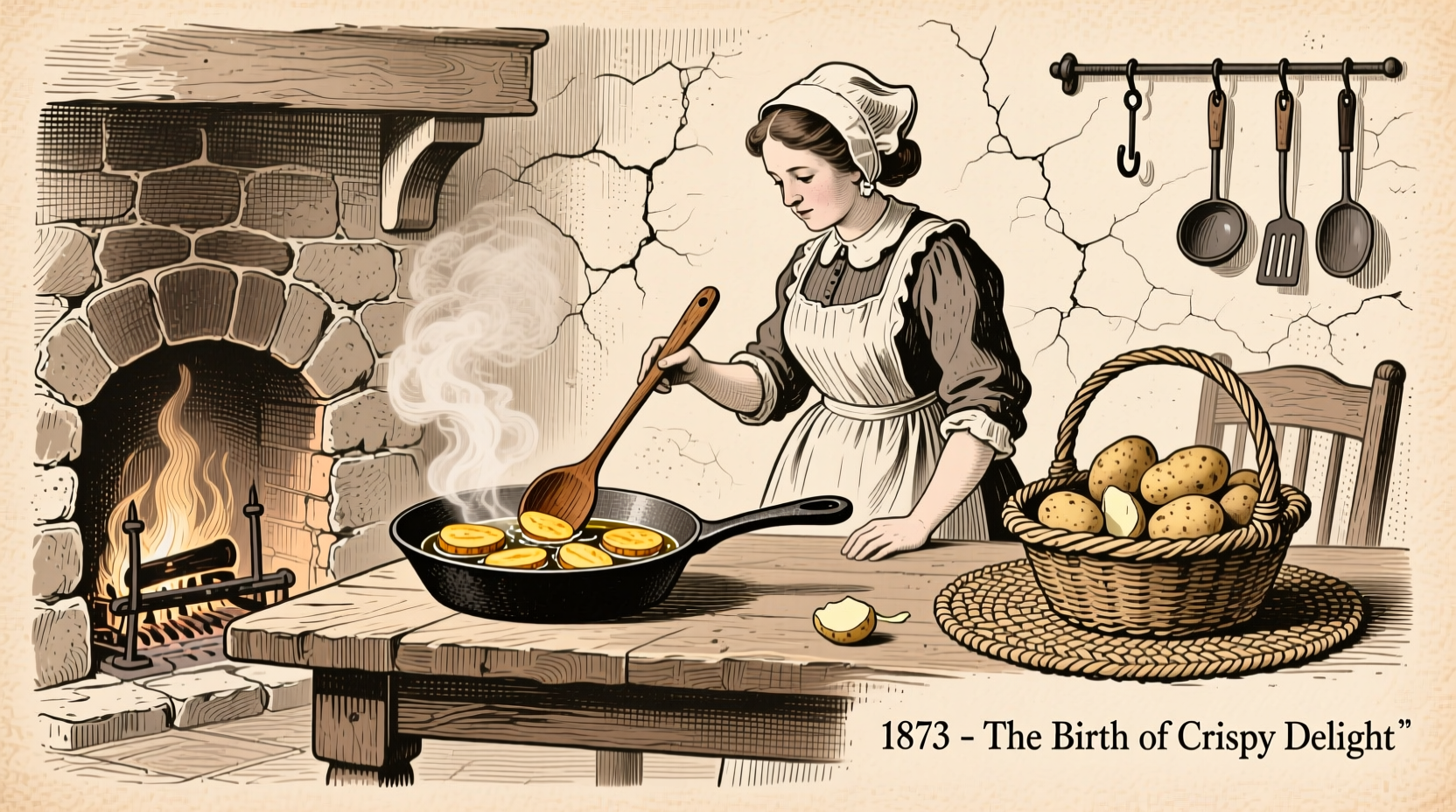 Vintage illustration of 19th century potato chip preparation