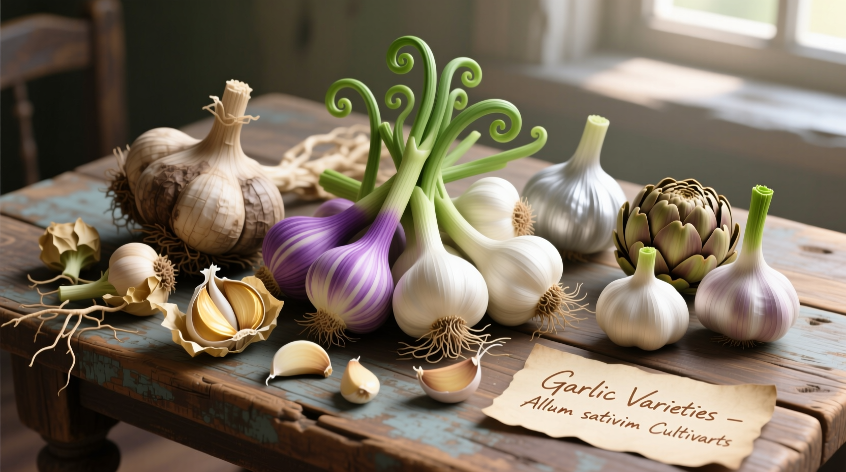 Various garlic varieties displayed on wooden table