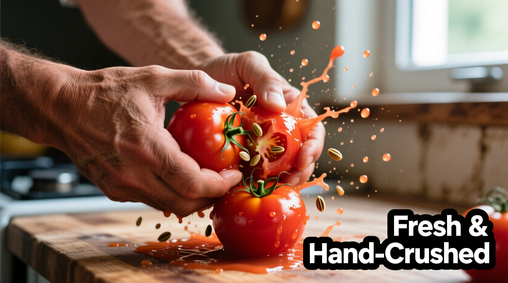 Fresh tomatoes being crushed by hand for pizza sauce