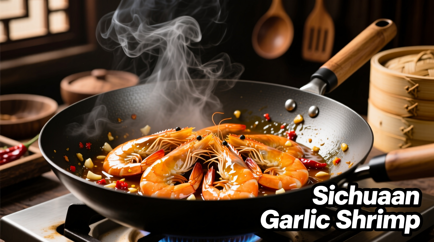 Stir-fried shrimp with glossy garlic sauce in wok