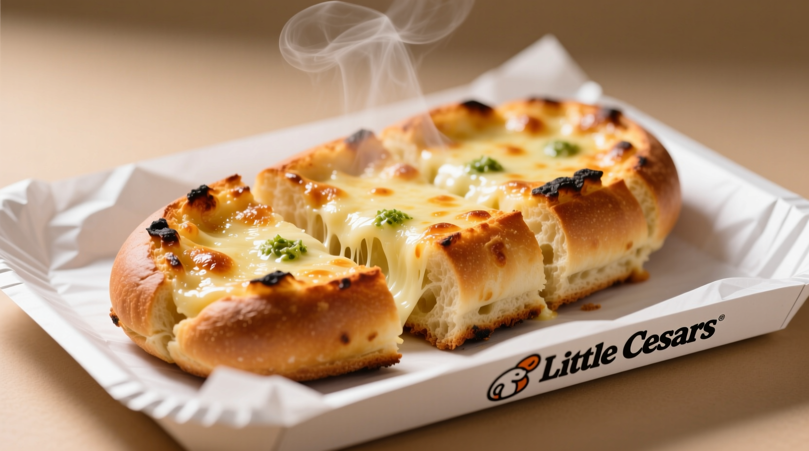 Freshly baked Little Caesars garlic bread on paper tray