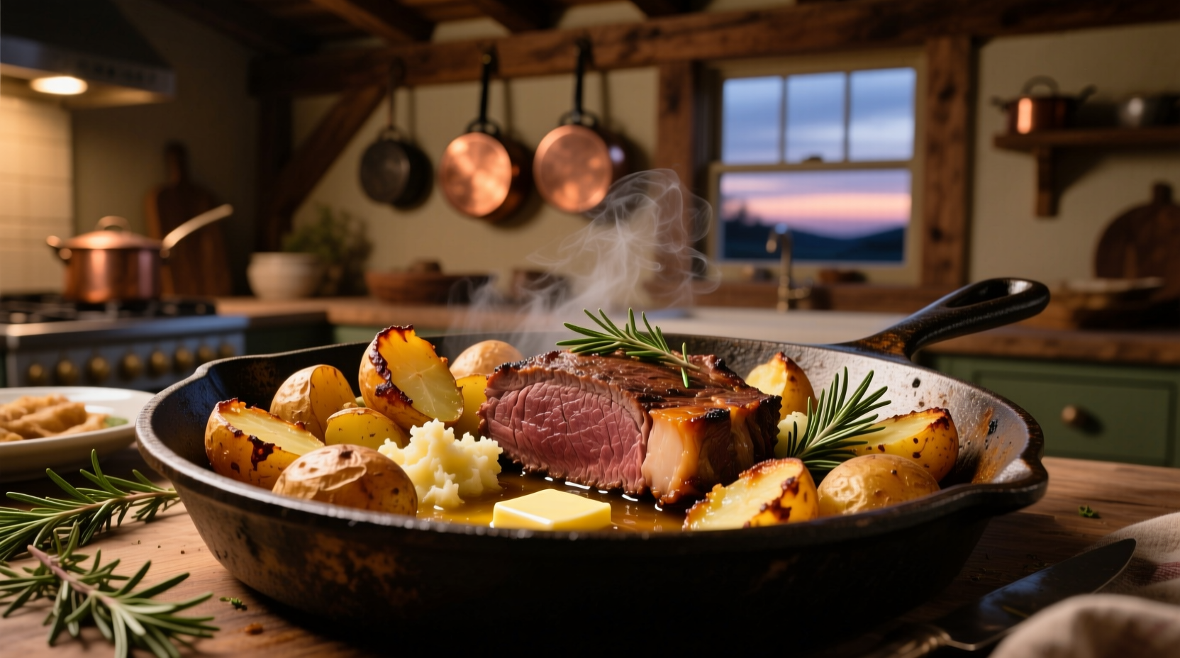 Traditional meat and potatoes dinner on cast iron