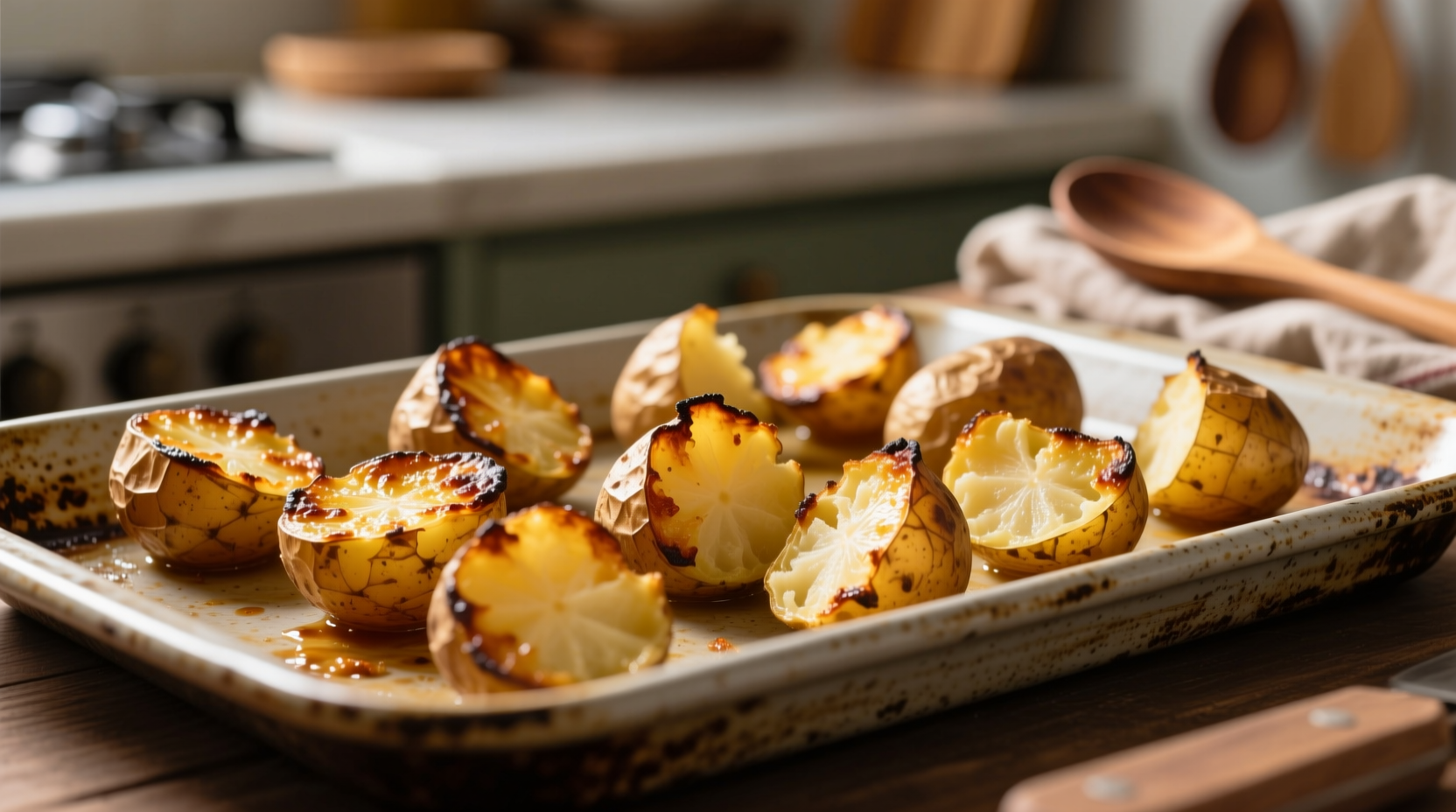 Golden roasted potatoes with crispy edges on baking sheet