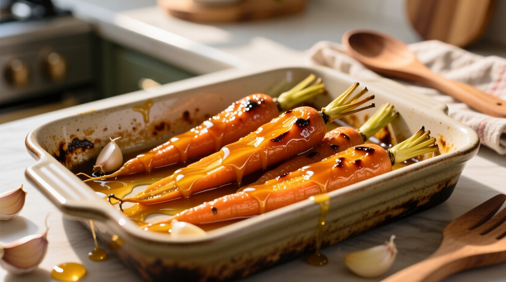 Golden roasted carrots with honey garlic butter glaze on baking sheet