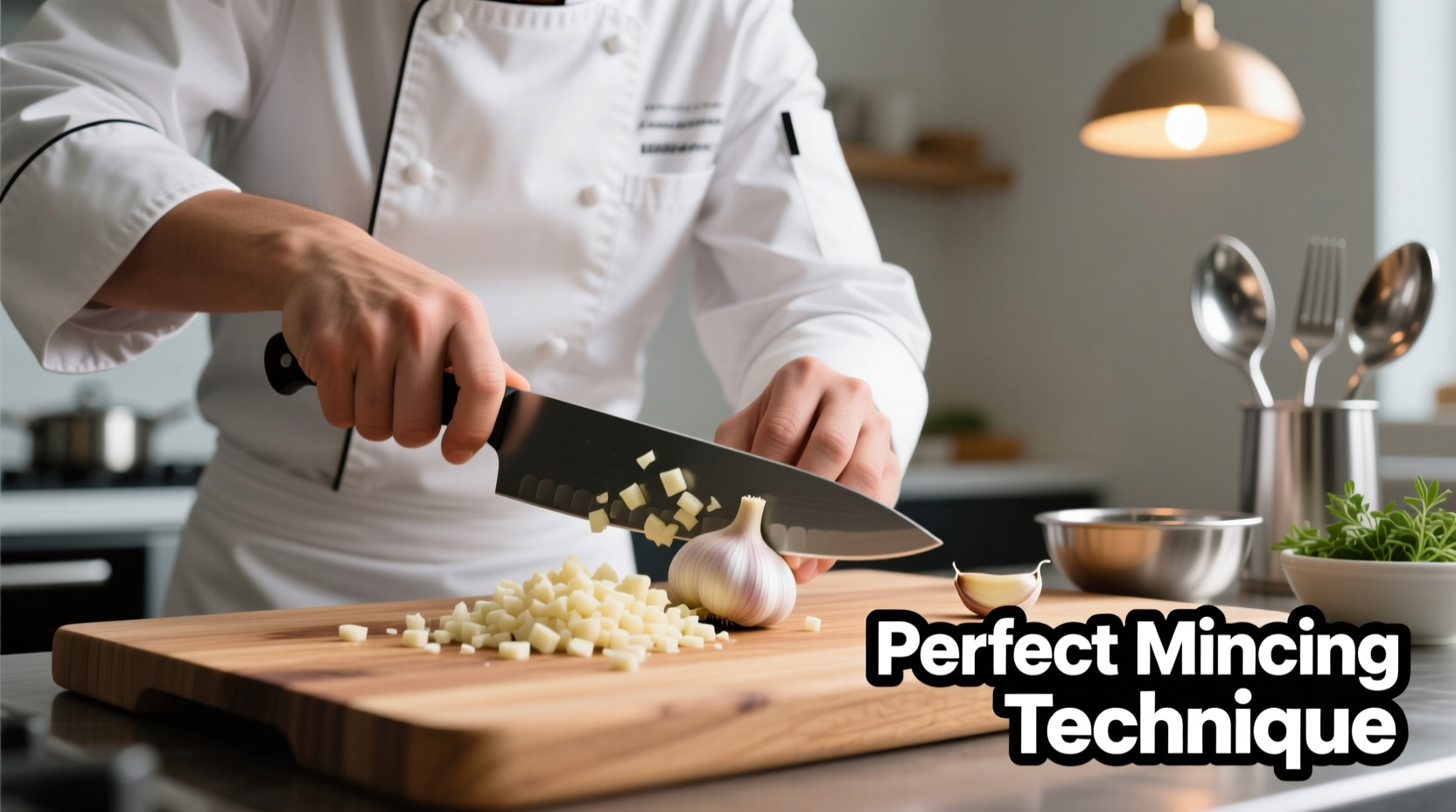 Chef demonstrating proper garlic mincing technique