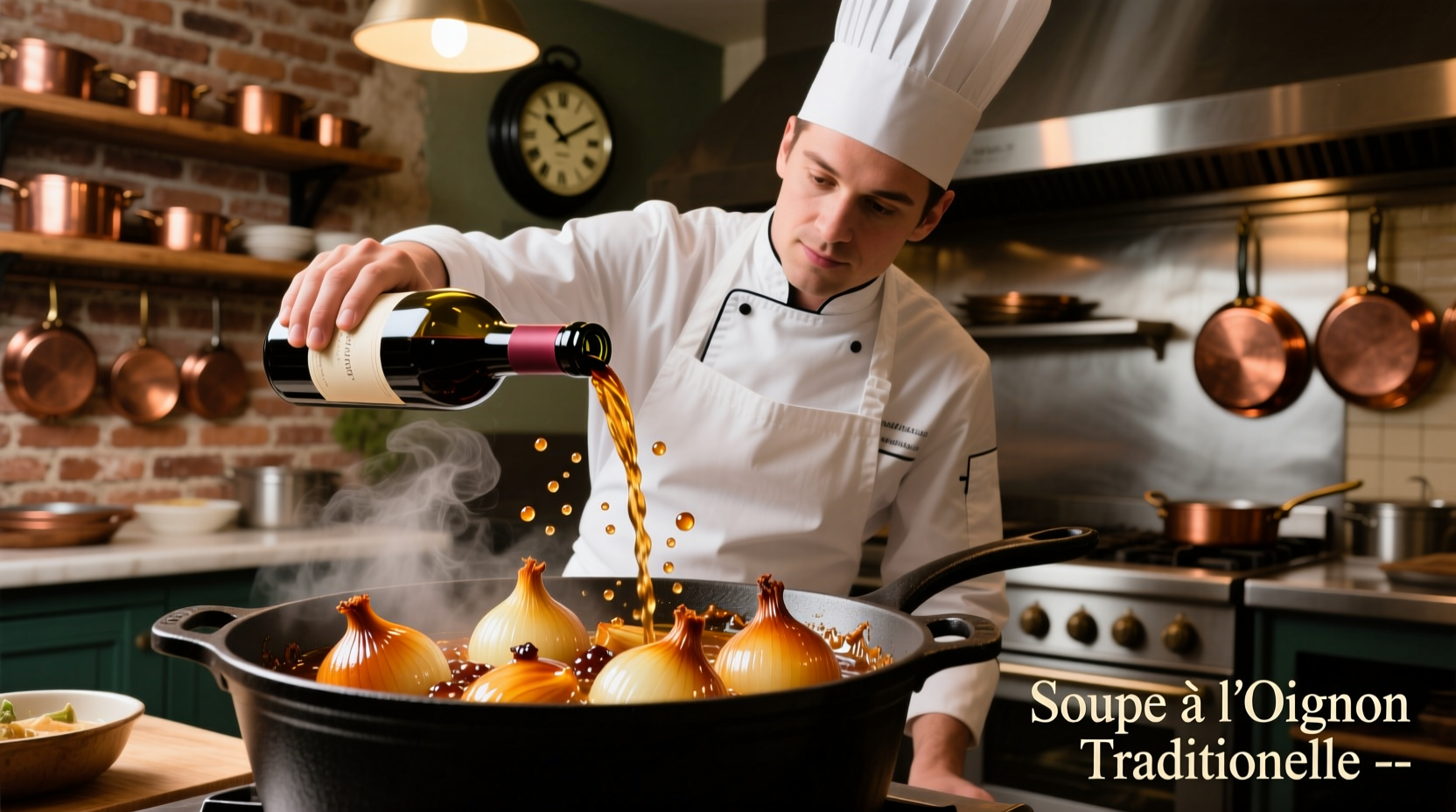 Chef pouring wine into caramelized onions in French onion soup