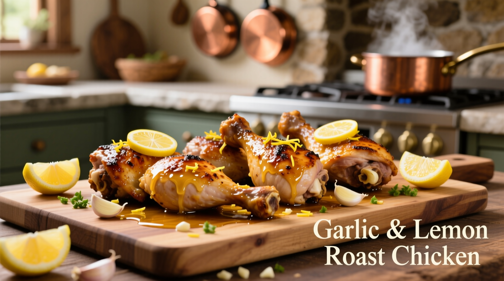 Golden brown chicken thighs with garlic and lemon