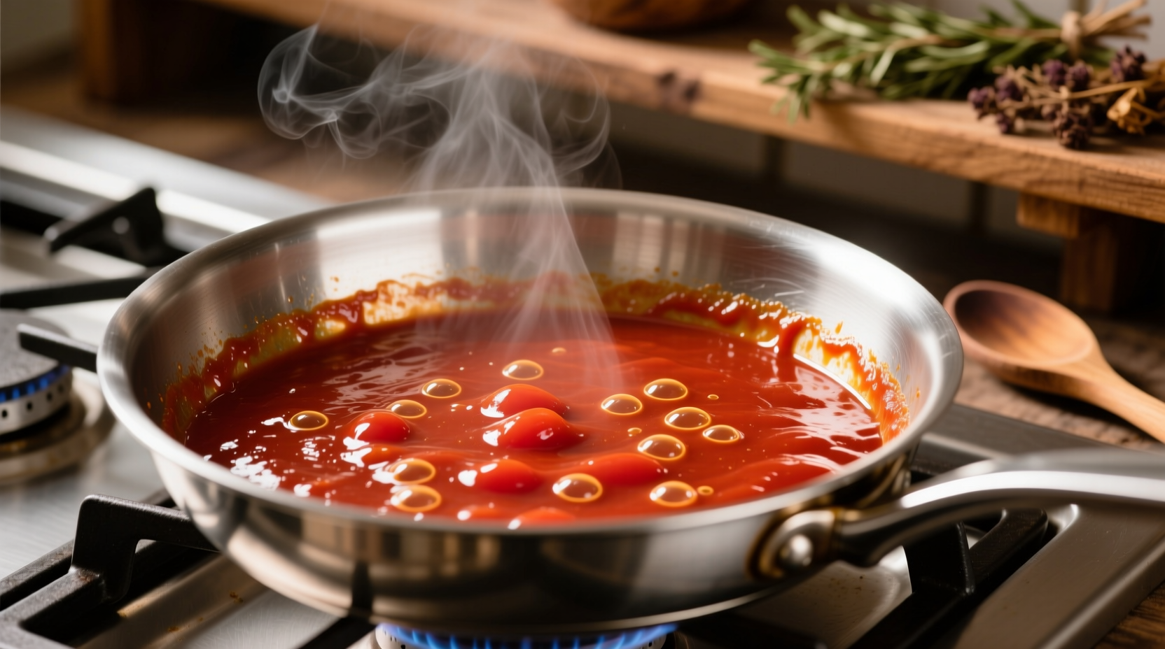 Tomato sauce reduction process in stainless steel pan