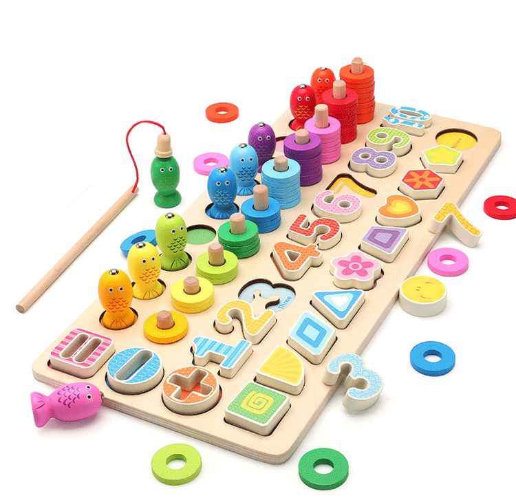 Wholesale Colorful Montessori Five-In-One Wooden Fishing Digital Shape Matching Toys New Design Kids Early Educational Toys