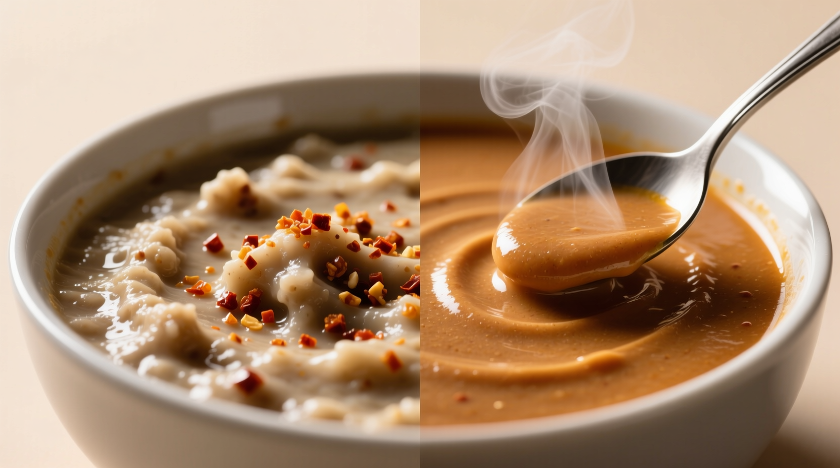 Close-up comparison: left side shows clumpy over-spiced soup, right side shows smooth soup with nut-spice paste thickener