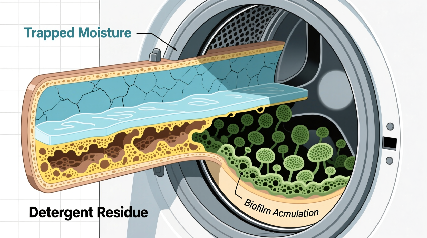 Cross-section diagram showing mold growth inside a front-loading washer's rubber door gasket, with labeled zones of trapped moisture, detergent residue, and biofilm accumulation