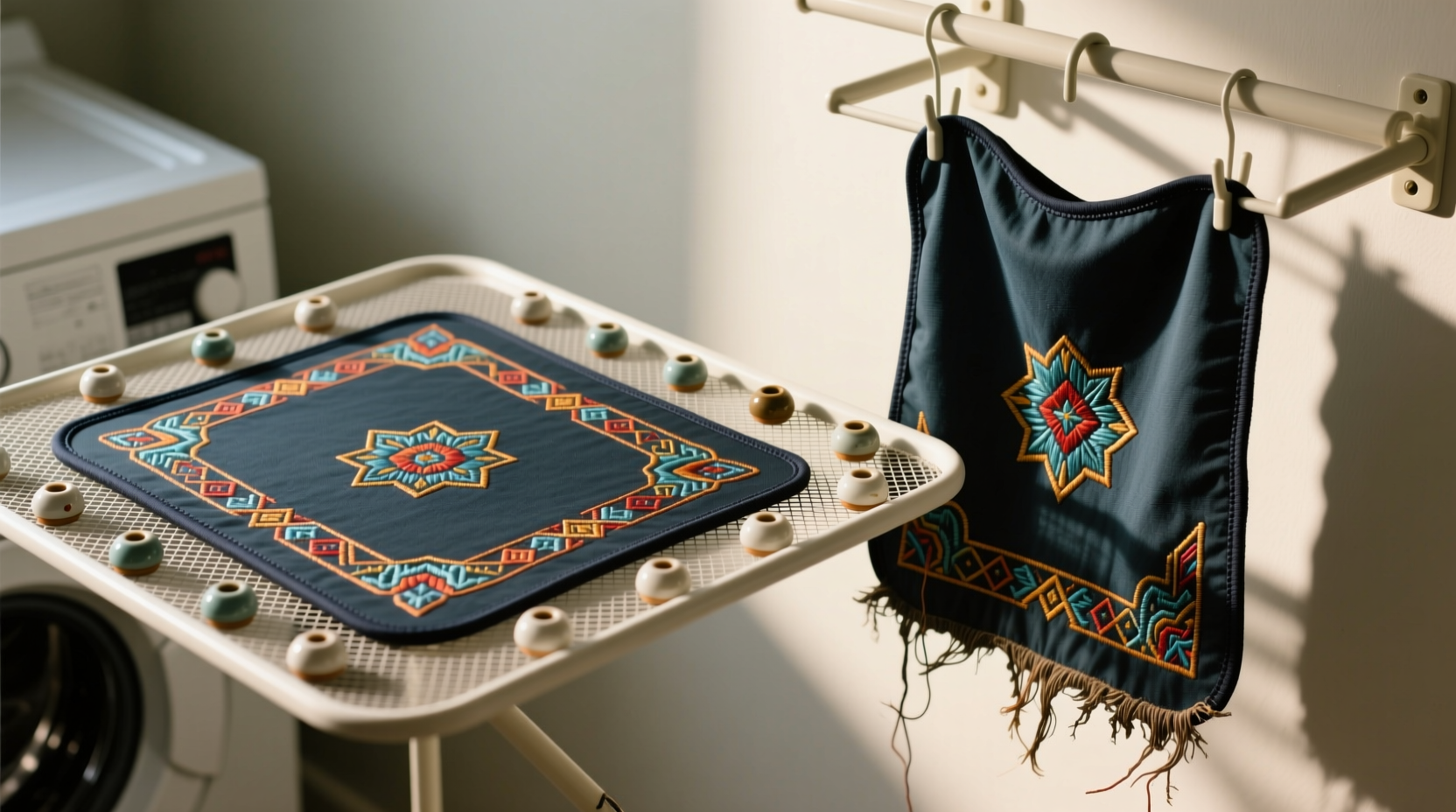 Side-by-side comparison showing an embroidered gaming mouse pad laid flat on a breathable mesh drying rack with small, evenly spaced ceramic weights along its perimeter, next to a curled, hanging pad with visible base deformation and loose embroidery threads at the bottom edge