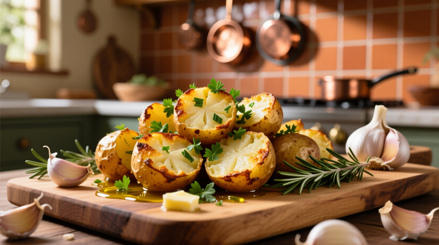 Golden roasted garlic potatoes with fresh herbs