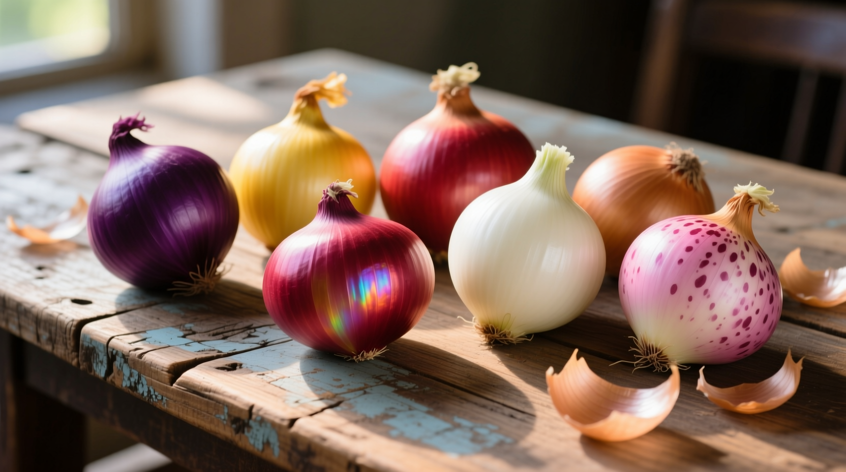 Colorful array of different onion varieties on wooden table
