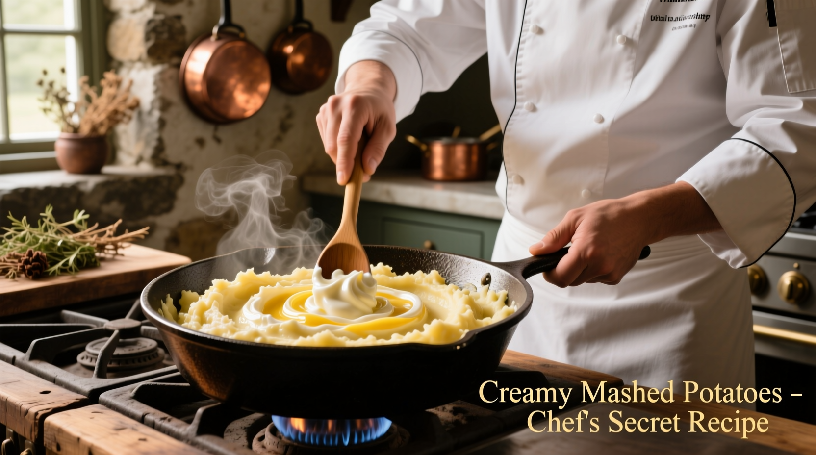 Chef preparing creamy mashed potatoes in cast iron skillet
