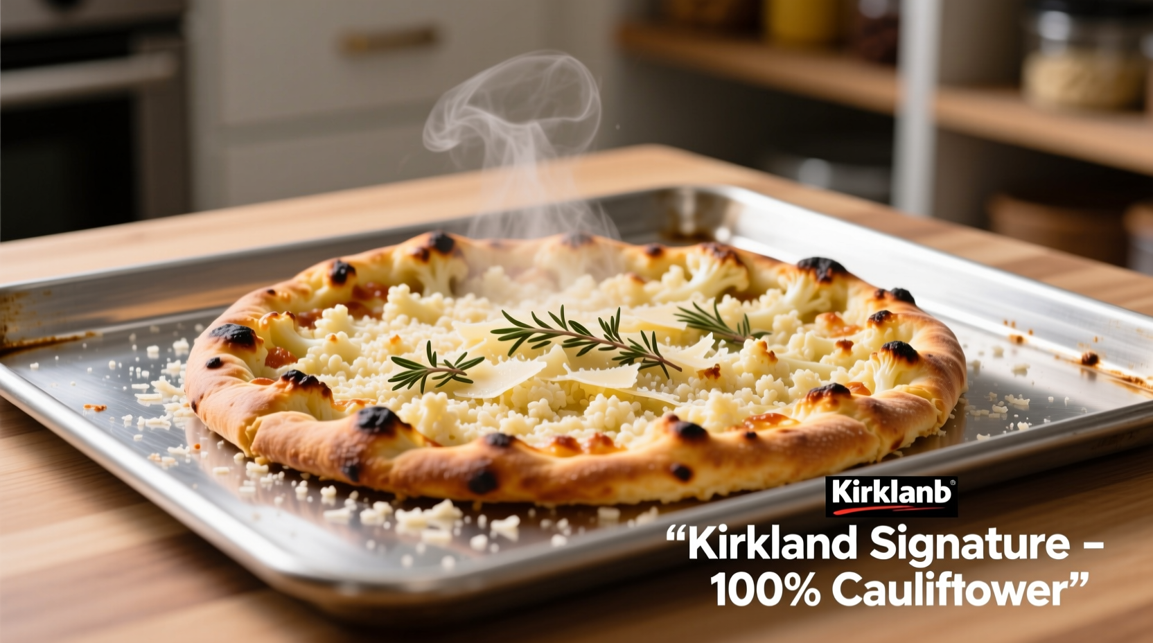 Costco Kirkland cauliflower pizza crust on baking sheet