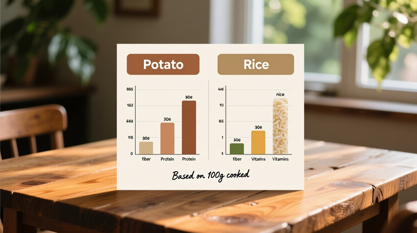 Potato and rice nutritional comparison chart on wooden table