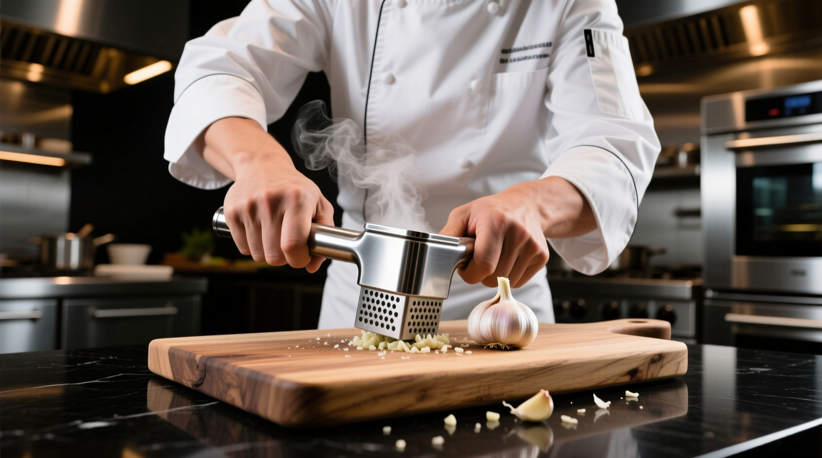Professional chef using stainless steel garlic smasher on cutting board