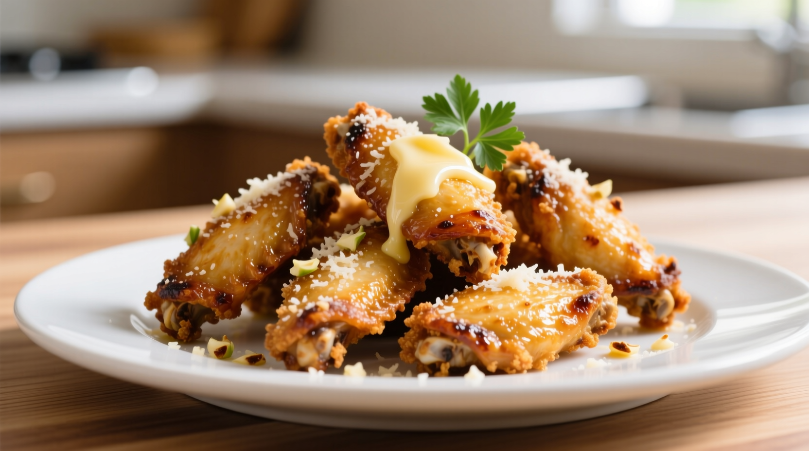 Golden crispy garlic parmesan wings on white plate
