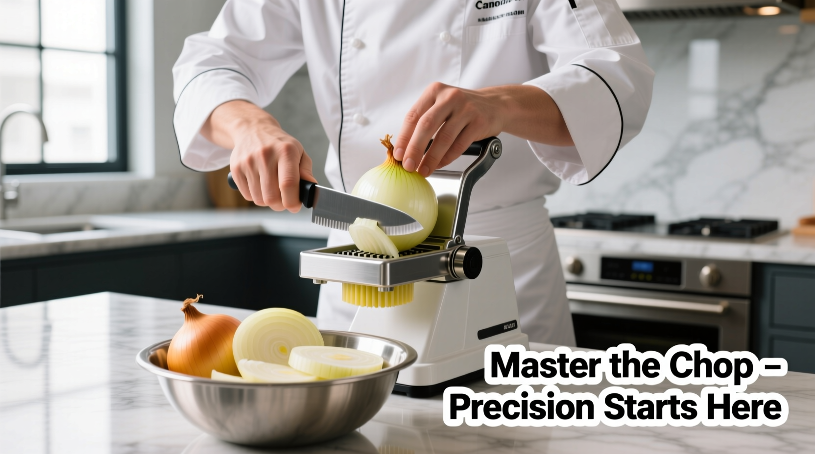 Chef demonstrating proper onion chopping technique with food chopper