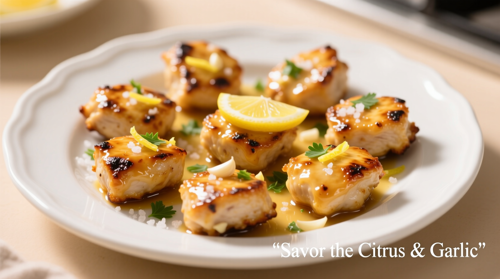 Golden lemon garlic chicken bites on white plate