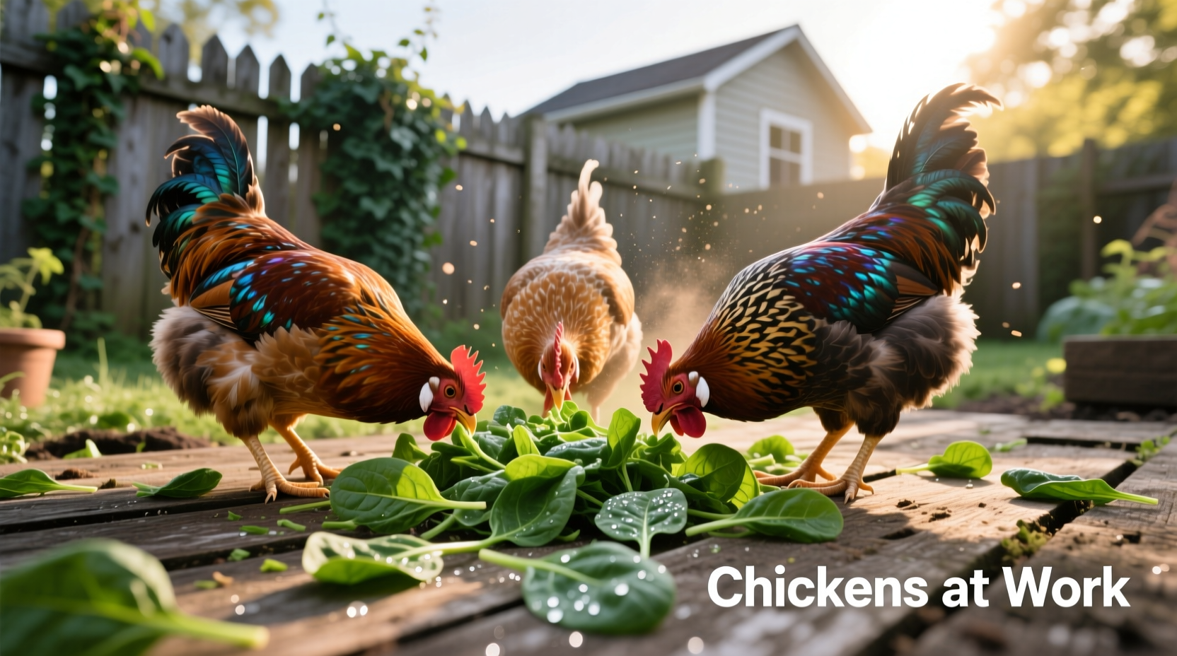 Backyard chickens pecking at chopped spinach leaves