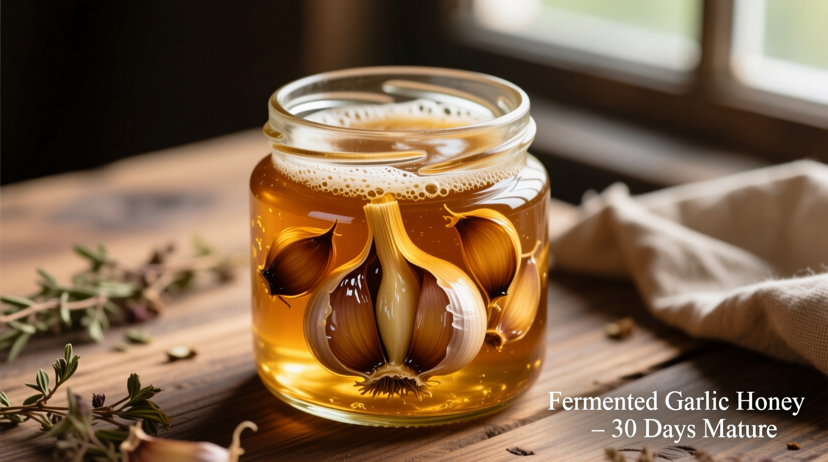 Fermented garlic honey in glass jar with cloves